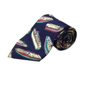 Alynn Mens Navy Silk Boat Print Necktie 57" Long Unique Design Tie
